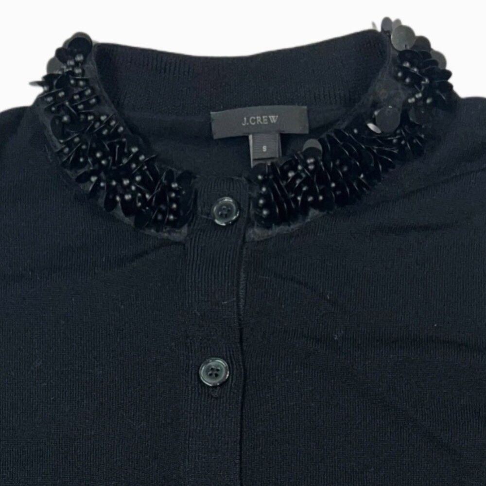 J. Crew Cardigan Jackie Black Size Small Embellished Beaded Collar Merino Wool